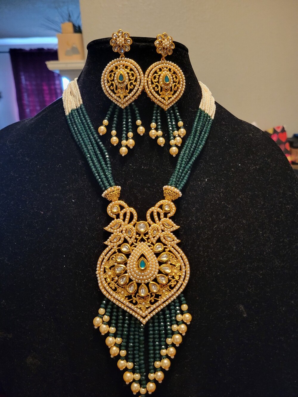 Gold and Dark Green Kundan Necklace Set with Pearl Drops